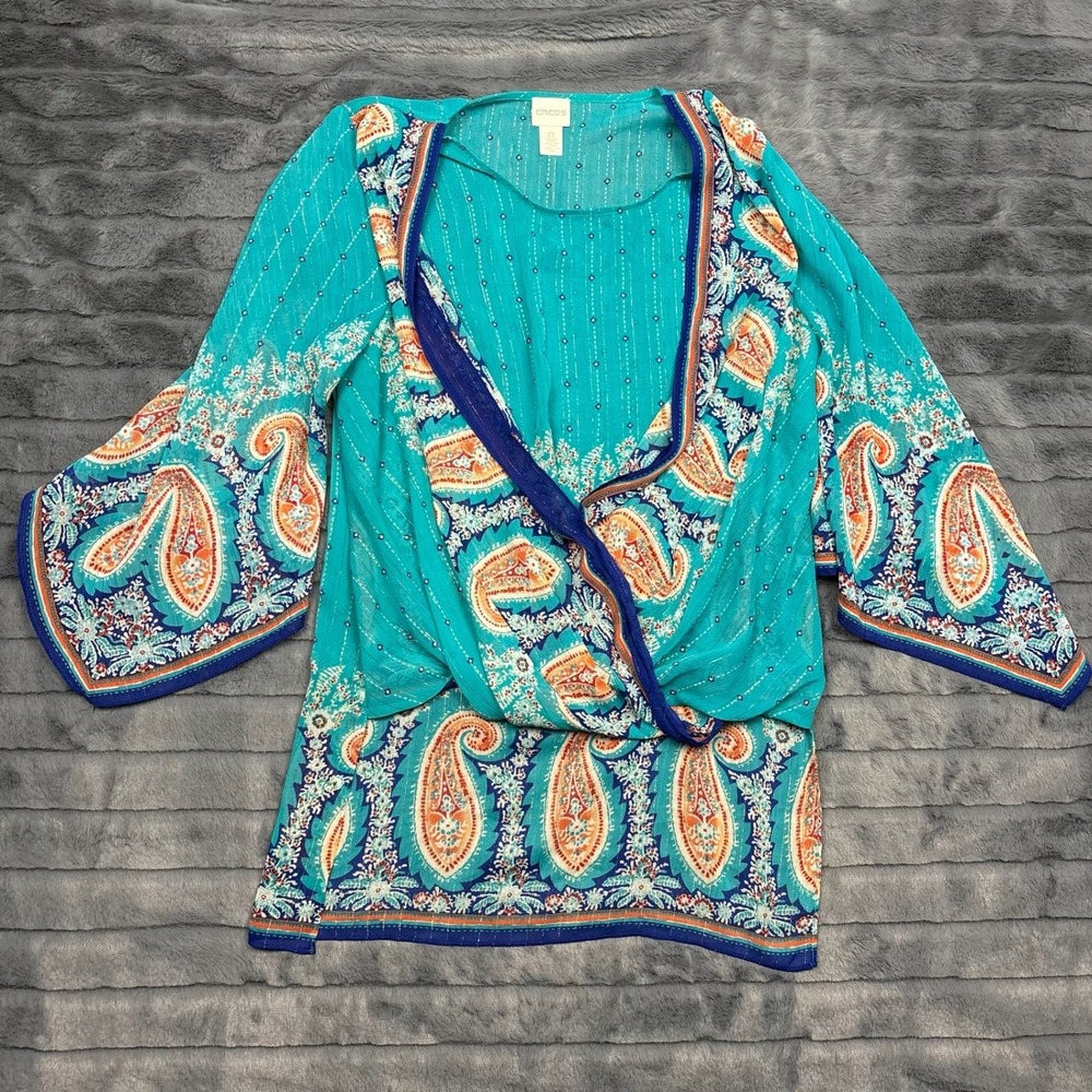 Chicos Teal Paisley Metallic Stripe Surplice Tunic Top Bell Sleeve Size 0 Small